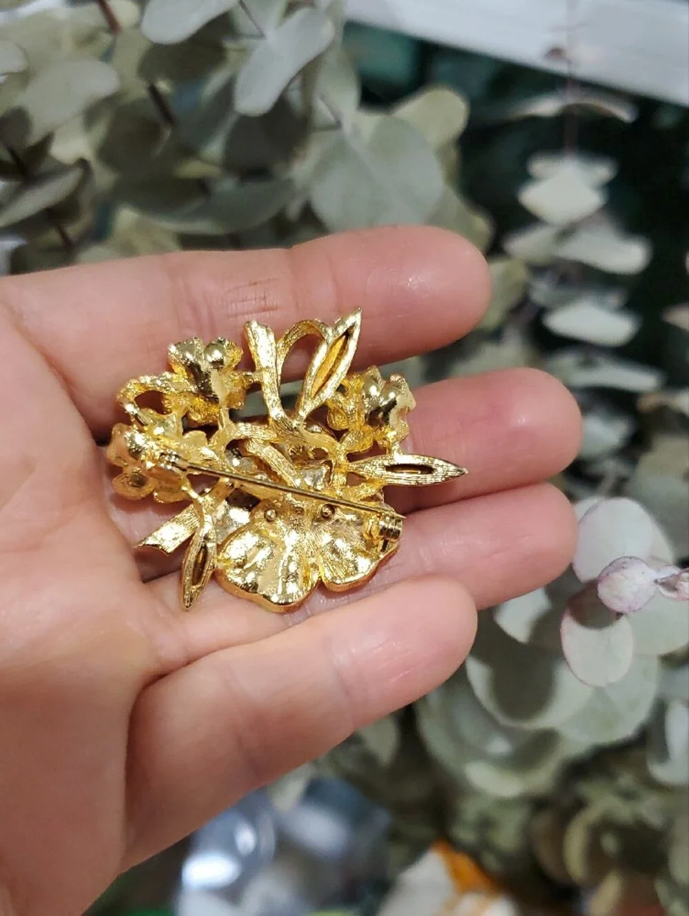Gold-Tone Red Poppy Floral Brooch with Crystals